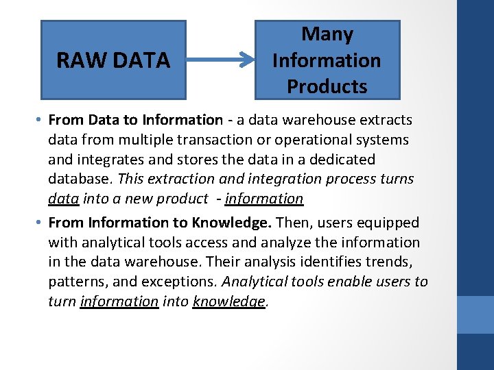 RAW DATA Many Information Products • From Data to Information - a data warehouse