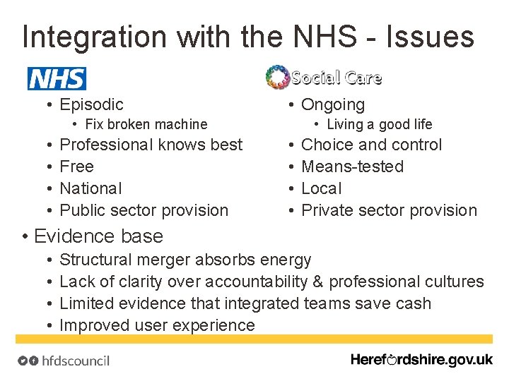 Integration with the NHS - Issues • Episodic • Ongoing • Living a good