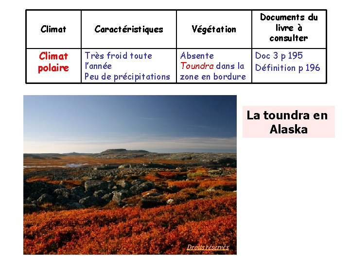 Climat Caractéristiques Végétation Documents du livre à consulter Climat polaire Très froid toute l’année