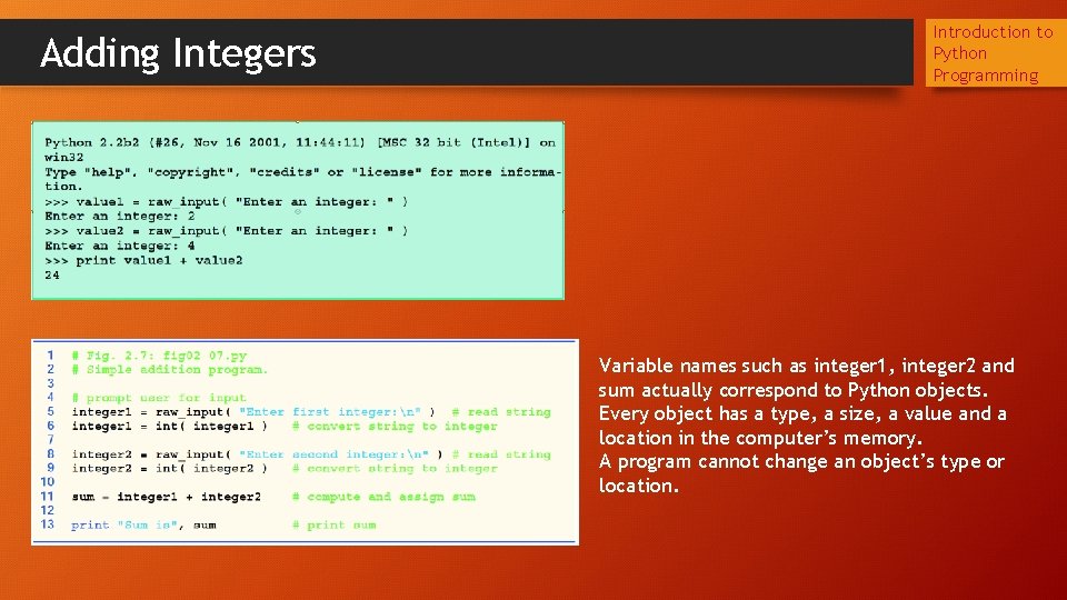 Adding Integers Introduction to Python Programming Variable names such as integer 1, integer 2