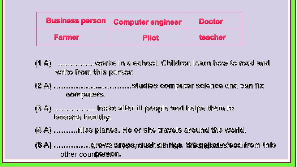Business person Farmer Computer engineer Pilot Doctor teacher (1 A) ……………works in a school.