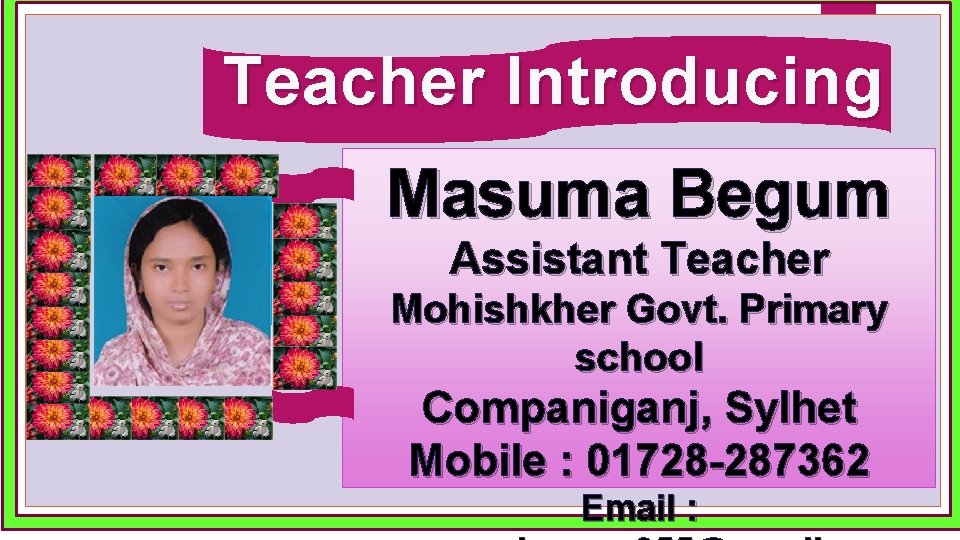 Teacher Introducing Masuma Begum Assistant Teacher Mohishkher Govt. Primary school Companiganj, Sylhet Mobile :