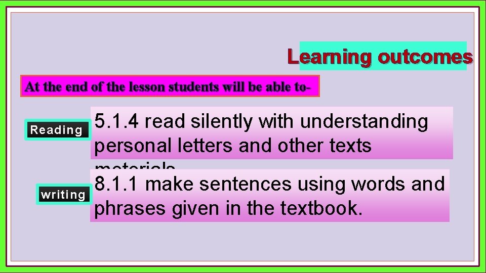 Learning outcomes At the end of the lesson students will be able to. Reading