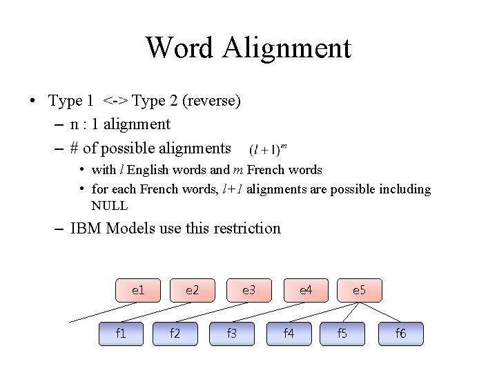 Word Alignment • Type 1 <-> Type 2 (reverse) – n : 1 alignment