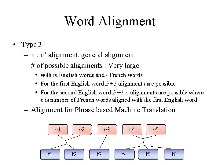 Word Alignment • Type 3 – n : n’ alignment, general alignment – #