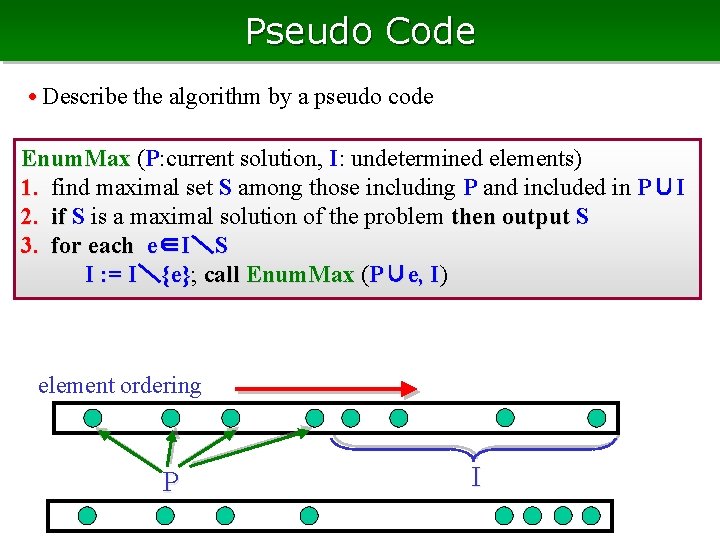 Pseudo Code • Describe the algorithm by a pseudo code Enum. Max (P: current