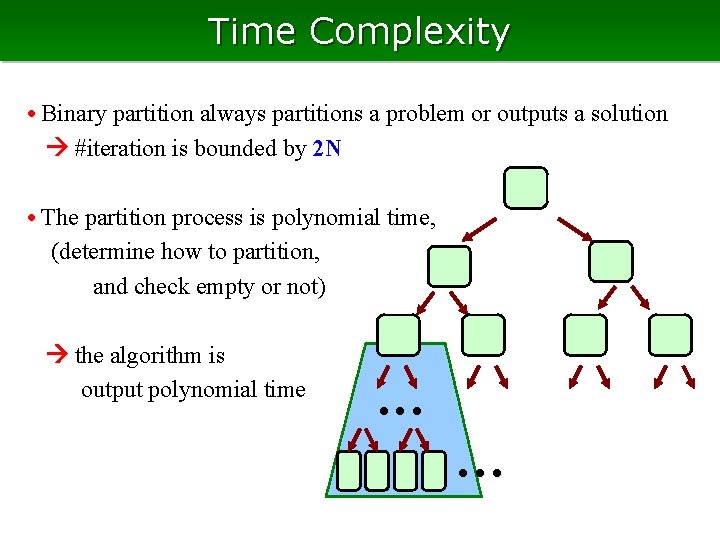 Time Complexity • Binary partition always partitions a problem or outputs a solution #iteration