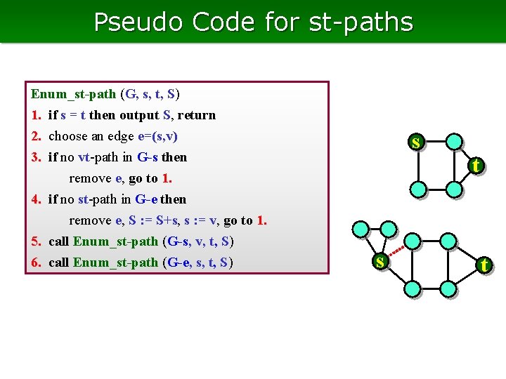 Pseudo Code for st-paths Enum_st-path (G, s, t, S) 1. if s = t