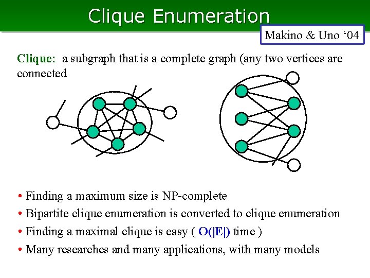 Clique Enumeration Makino & Uno ‘ 04 Clique: a subgraph that is a complete