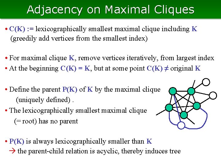 Adjacency on Maximal Cliques • C(K) : = lexicographically smallest maximal clique including K