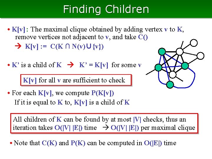 Finding Children • K[v]： The maximal clique obtained by adding vertex v to K,