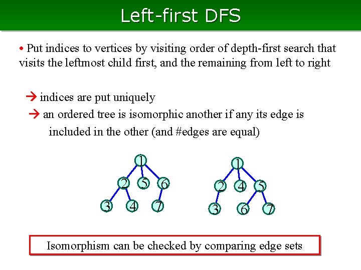 Left-first DFS • Put indices to vertices by visiting order of depth-first search that