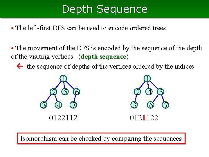 Depth Sequence • The left-first DFS can be used to encode ordered trees •