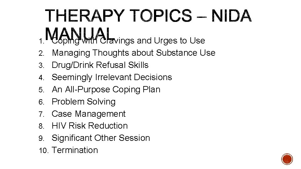 1. Coping with Cravings and Urges to Use 2. Managing Thoughts about Substance Use