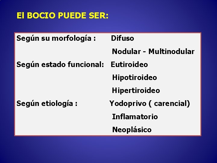 El BOCIO PUEDE SER: Según su morfología : Difuso Nodular - Multinodular Según estado