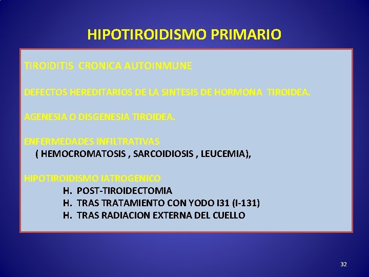 HIPOTIROIDISMO PRIMARIO TIROIDITIS CRONICA AUTOINMUNE DEFECTOS HEREDITARIOS DE LA SINTESIS DE HORMONA TIROIDEA. AGENESIA