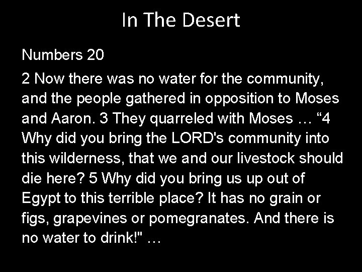 In The Desert Numbers 20 2 Now there was no water for the community,