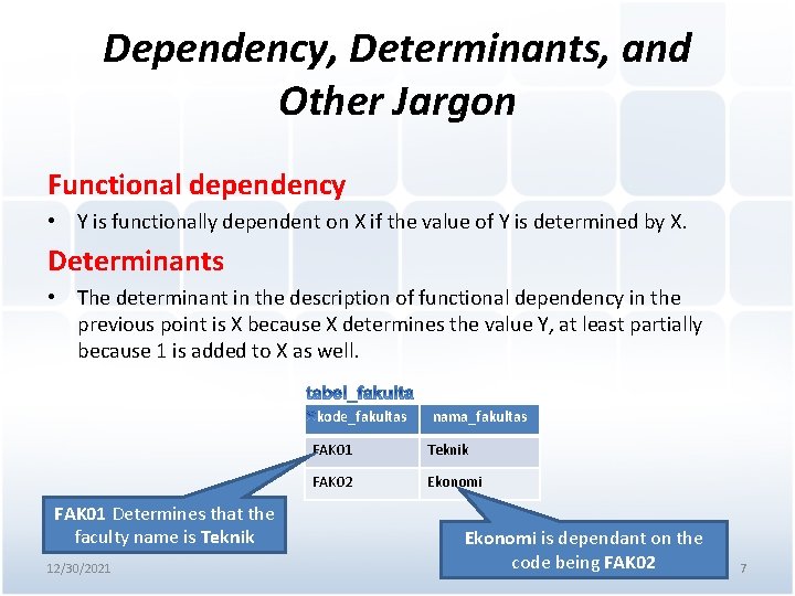 Dependency, Determinants, and Other Jargon Functional dependency • Y is functionally dependent on X