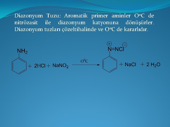 Diazonyum Tuzu: Aromatik primer aminler O 0 C de nitrözasit ile diazonyum katyonuna dönüşürler.