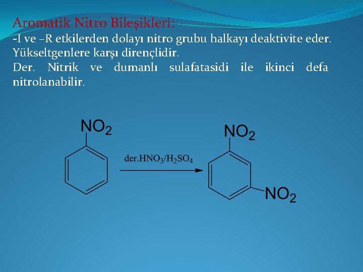 Aromatik Nitro Bileşikleri: -I ve –R etkilerden dolayı nitro grubu halkayı deaktivite eder. Yükseltgenlere