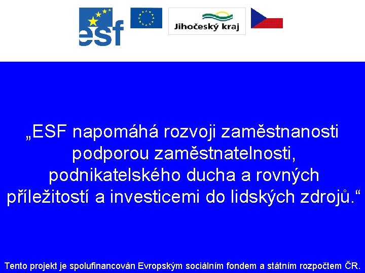 „ESF napomáhá rozvoji zaměstnanosti podporou zaměstnatelnosti, podnikatelského ducha a rovných příležitostí a investicemi do