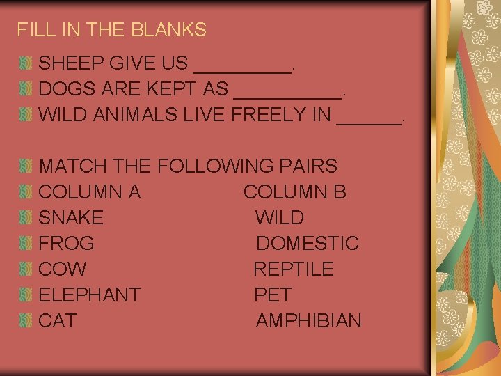 FILL IN THE BLANKS SHEEP GIVE US _____. DOGS ARE KEPT AS _____. WILD