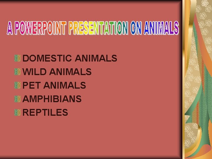 DOMESTIC ANIMALS WILD ANIMALS PET ANIMALS AMPHIBIANS REPTILES 