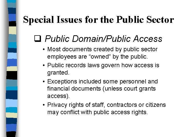 Special Issues for the Public Sector q Public Domain/Public Access • Most documents created