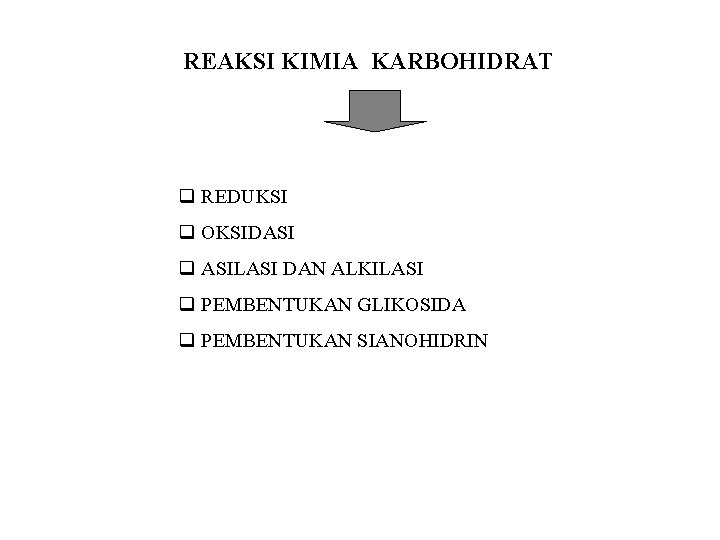 REAKSI KIMIA KARBOHIDRAT q REDUKSI q OKSIDASI q ASILASI DAN ALKILASI q PEMBENTUKAN GLIKOSIDA