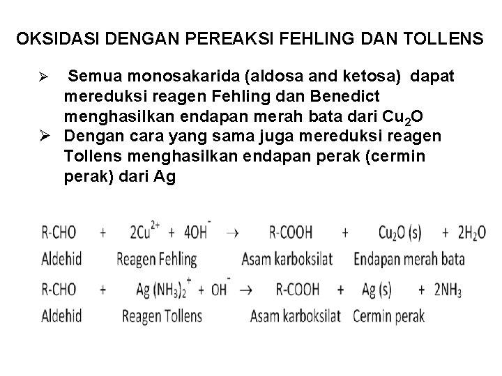 OKSIDASI DENGAN PEREAKSI FEHLING DAN TOLLENS Semua monosakarida (aldosa and ketosa) dapat mereduksi reagen