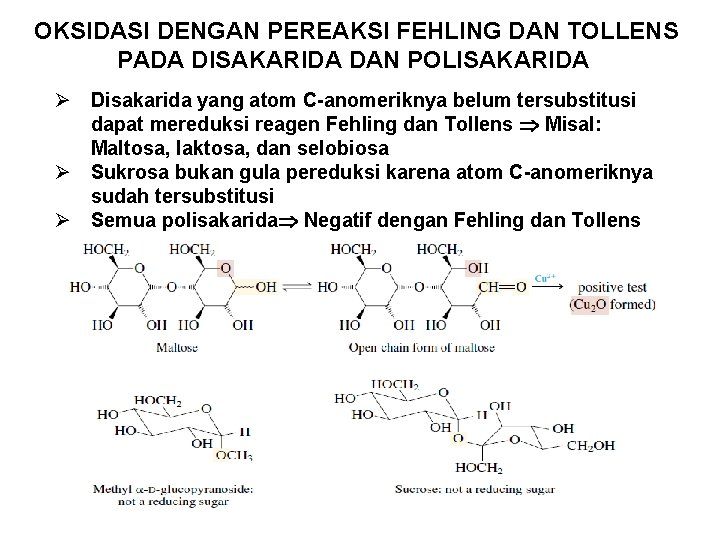 OKSIDASI DENGAN PEREAKSI FEHLING DAN TOLLENS PADA DISAKARIDA DAN POLISAKARIDA Ø Disakarida yang atom