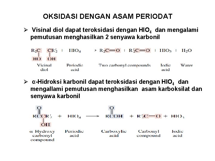 OKSIDASI DENGAN ASAM PERIODAT Ø Visinal diol dapat teroksidasi dengan HIO 4 dan mengalami