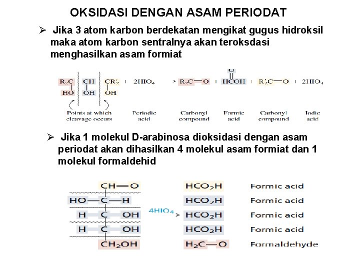 OKSIDASI DENGAN ASAM PERIODAT Ø Jika 3 atom karbon berdekatan mengikat gugus hidroksil maka