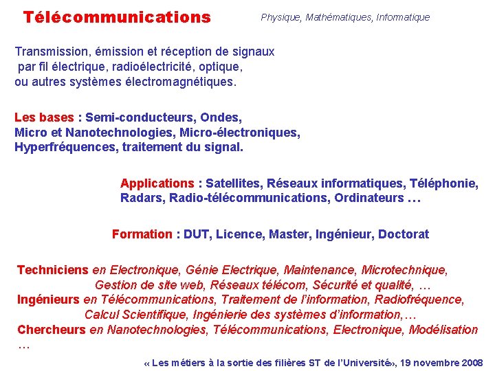 Télécommunications Physique, Mathématiques, Informatique Transmission, émission et réception de signaux par fil électrique, radioélectricité,