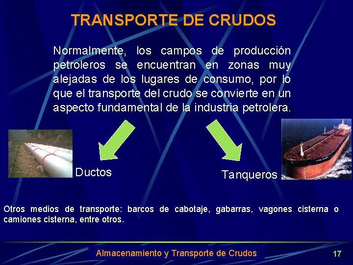 TRANSPORTE DE CRUDOS Normalmente, los campos de producción petroleros se encuentran en zonas muy