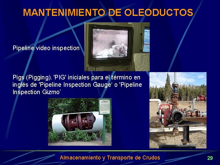 MANTENIMIENTO DE OLEODUCTOS Pipeline video inspection Pigs (Pigging). 'PIG' iniciales para el término en