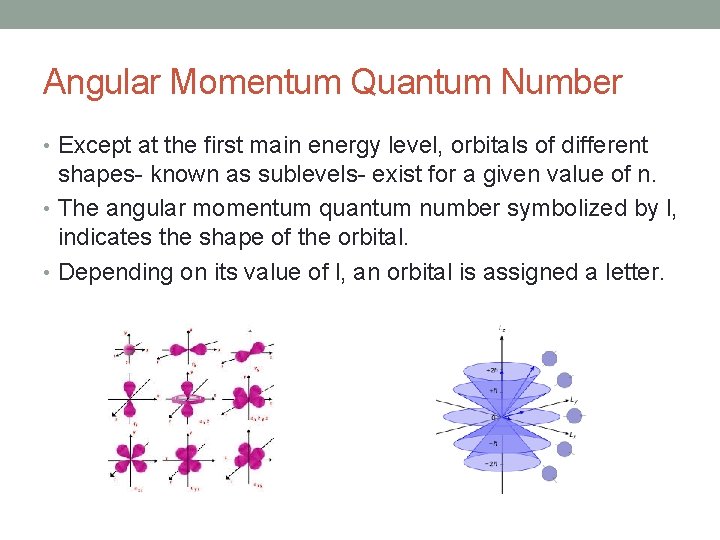 Angular Momentum Quantum Number • Except at the first main energy level, orbitals of