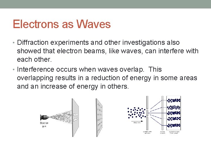 Electrons as Waves • Diffraction experiments and other investigations also showed that electron beams,