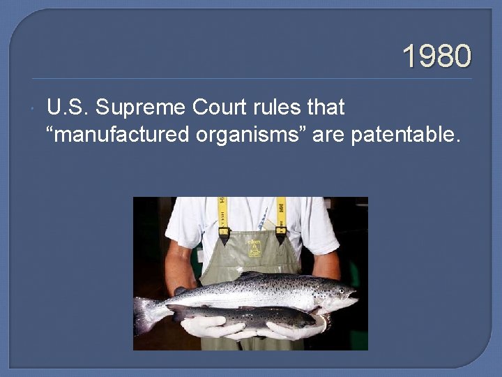1980 U. S. Supreme Court rules that “manufactured organisms” are patentable. 