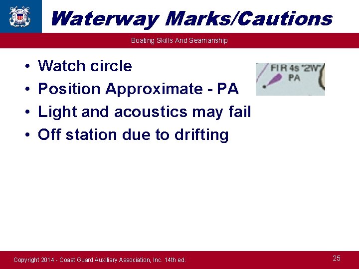 Waterway Marks/Cautions Boating Skills And Seamanship • • Watch circle Position Approximate - PA