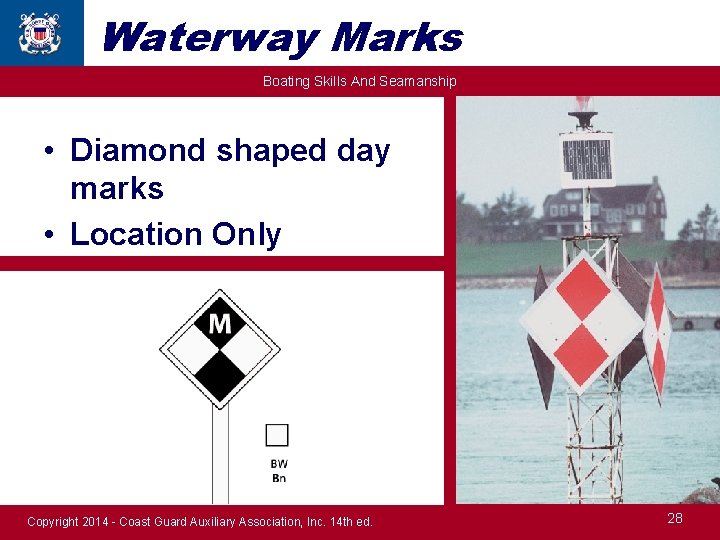 Waterway Marks Boating Skills And Seamanship • Diamond shaped day marks • Location Only