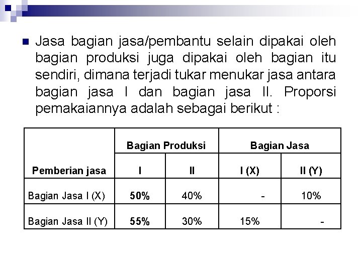 n Jasa bagian jasa/pembantu selain dipakai oleh bagian produksi juga dipakai oleh bagian itu