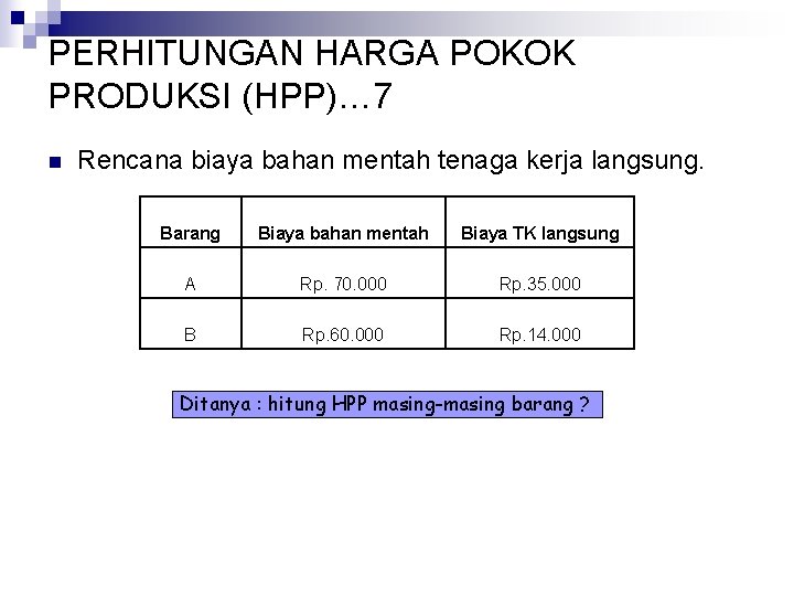 PERHITUNGAN HARGA POKOK PRODUKSI (HPP)… 7 n Rencana biaya bahan mentah tenaga kerja langsung.