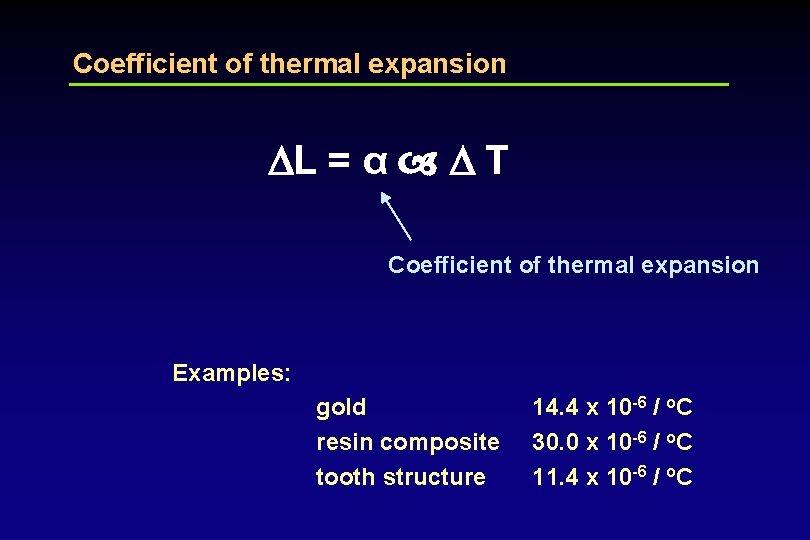 Coefficient of thermal expansion L = α T Coefficient of thermal expansion Examples: gold