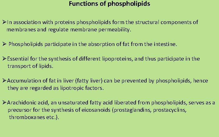 Functions of phospholipids ØIn association with proteins phospholipids form the structural components of membranes