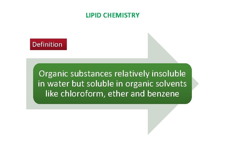 LIPID CHEMISTRY Definition Organic substances relatively insoluble in water but soluble in organic solvents