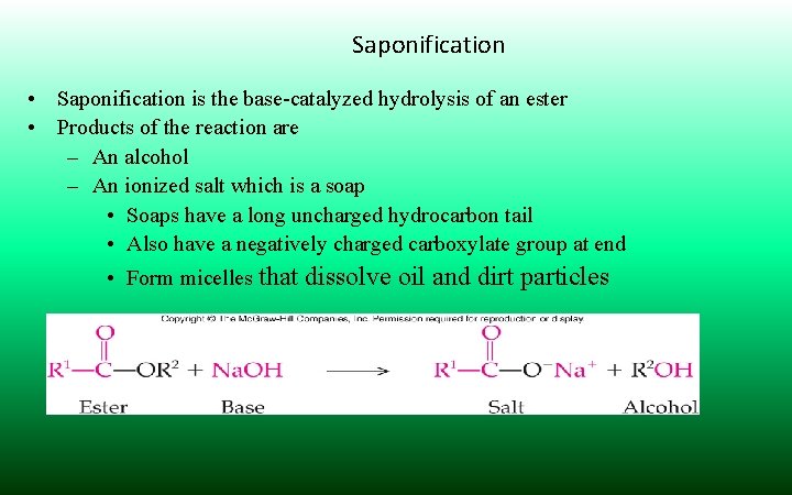 Saponification • Saponification is the base-catalyzed hydrolysis of an ester • Products of the