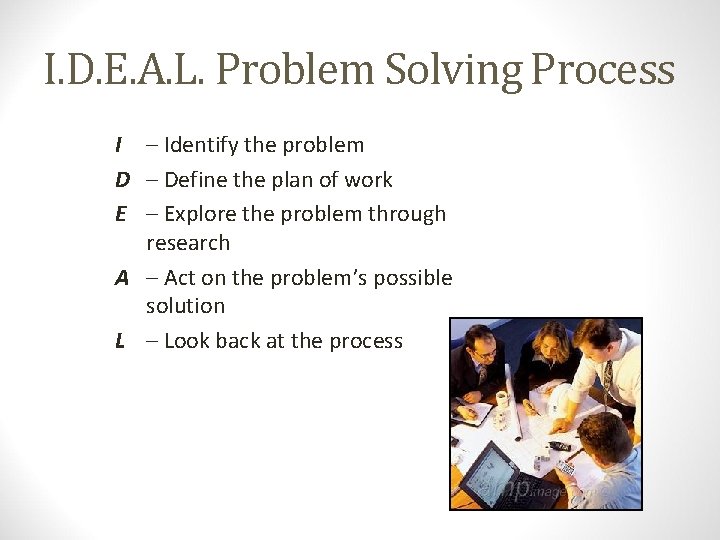 I. D. E. A. L. Problem Solving Process I – Identify the problem D