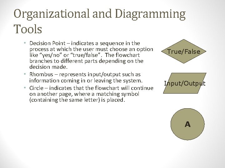 Organizational and Diagramming Tools • Decision Point – indicates a sequence in the process