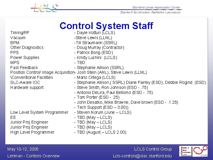 Control System Staff Timing/RF - Dayle Kotturi (LCLS) Vacuum -Steve Lewis (LLNL) BPM -Till